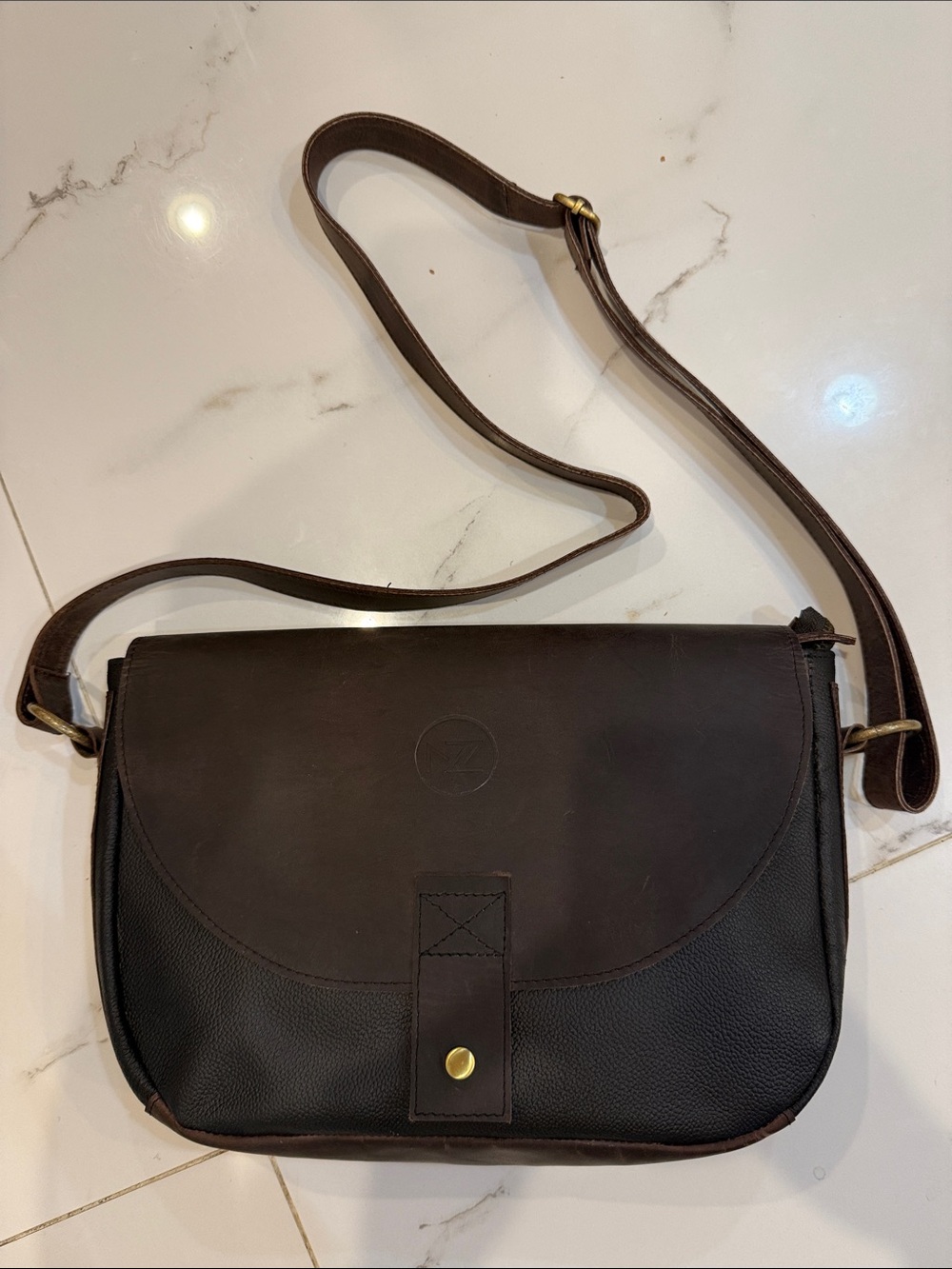 Leather Crossbody Bag in Dark Brown and black pebbled, brass hardware